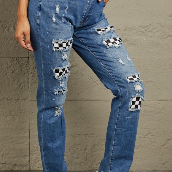 Baeful Checkered Patchwork Mid Waist Distressed Jeans - Picture 8 of 11